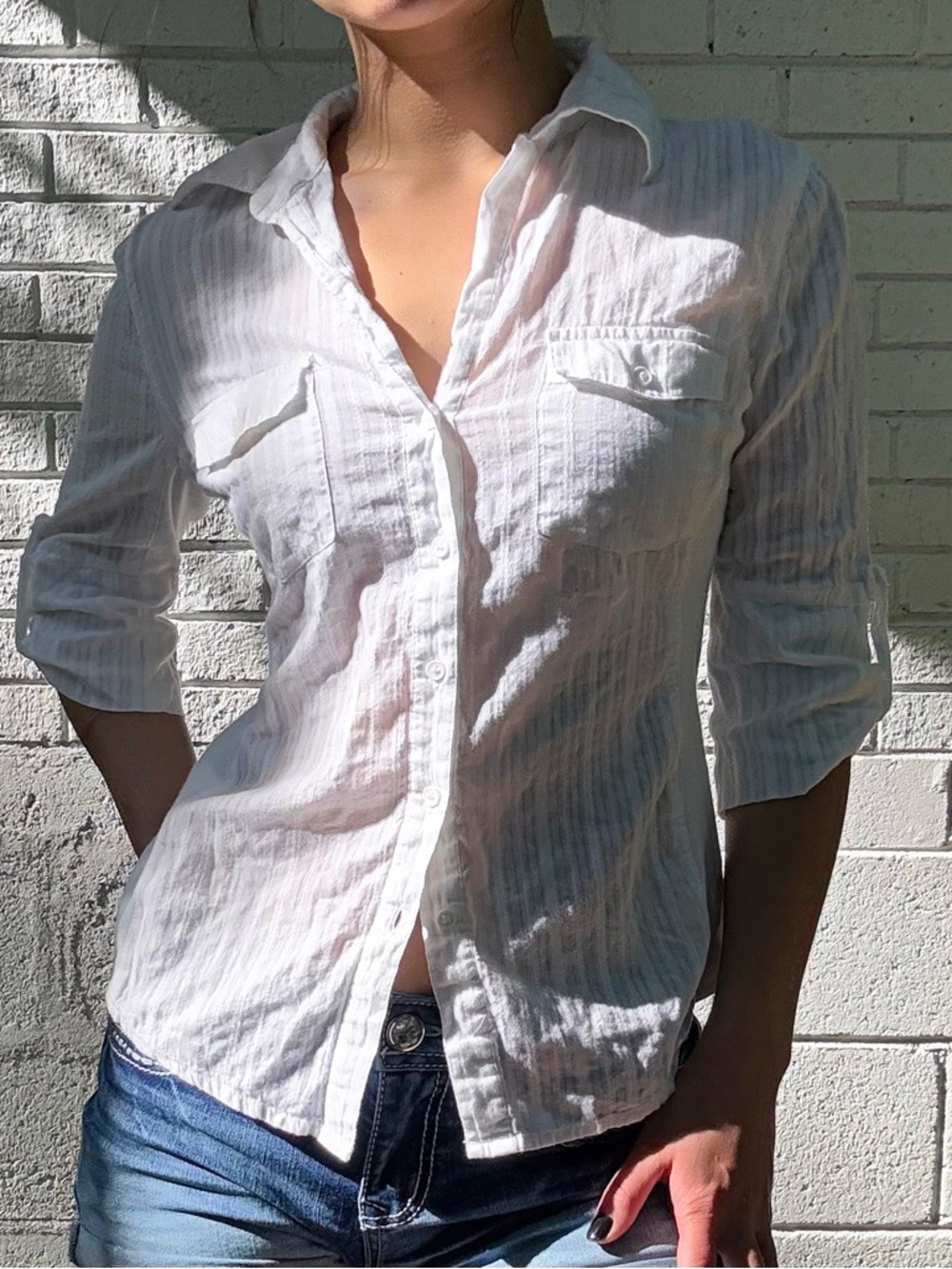 Authentic Y2K Nori White Cotton Button Down 3/4 sleeve